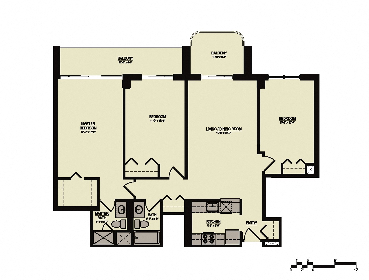 Floor plan for 3 beds, 2 baths, 1254 sqft